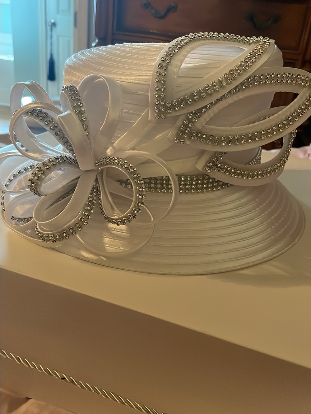 Elegant White Women's Dress Hat with Rhinestone Trim